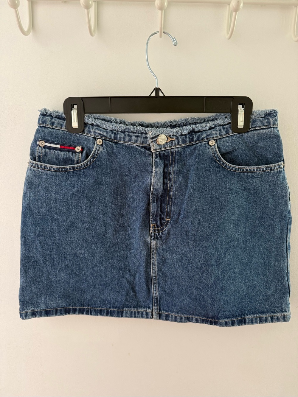 Vintage Y2K Tommy Hilfiger Blue Denim Mini Skirt with Frayed Waist Size 9